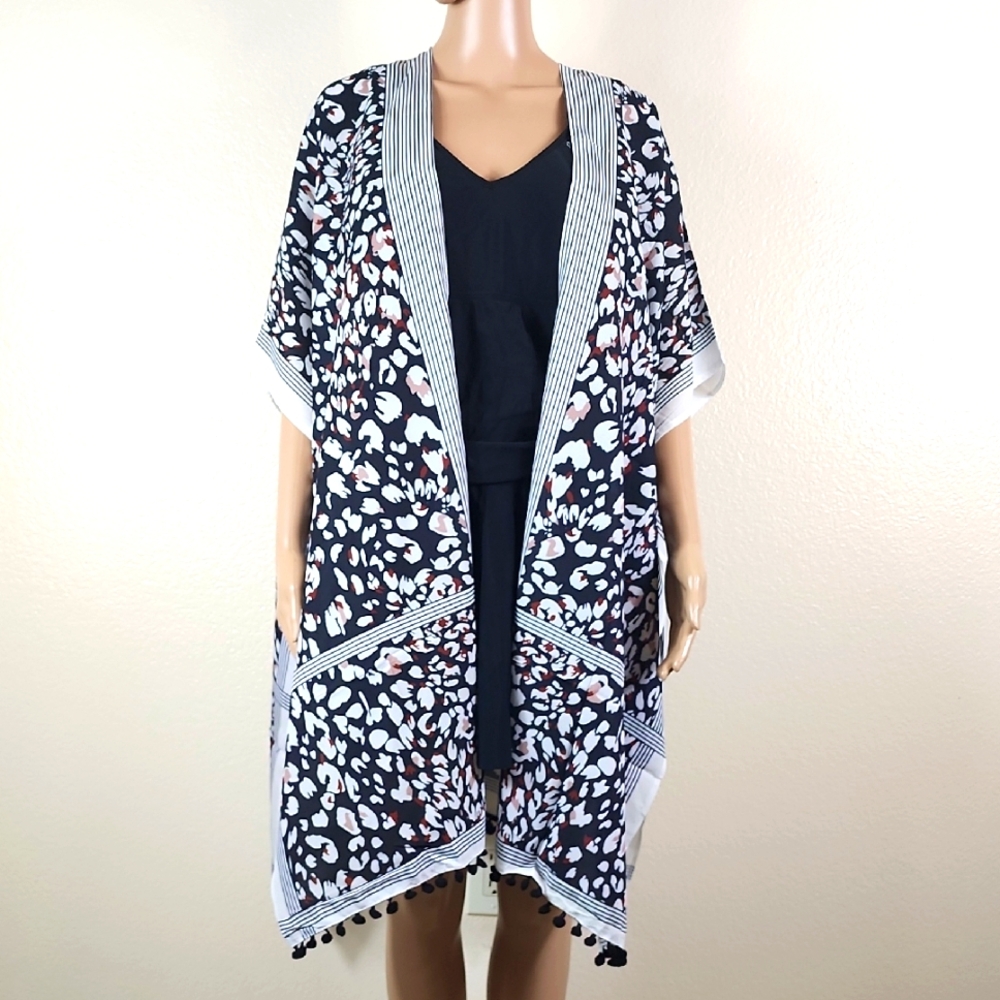 Black, White, Brown, & Tan Kimono Swim Cover Up